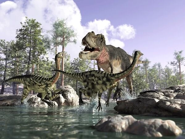 A Tyrannosaurus Rex hunting two Gallimimus dinosaurs in a river