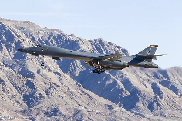 A U. S. Air Force B-1B Lancer on final approach to Nellis Air Force Base, Nevada