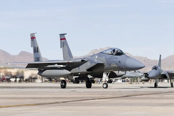 A U. S. Air Force F-15A Eagle taxies for takeoff at Nellis Air Force Base