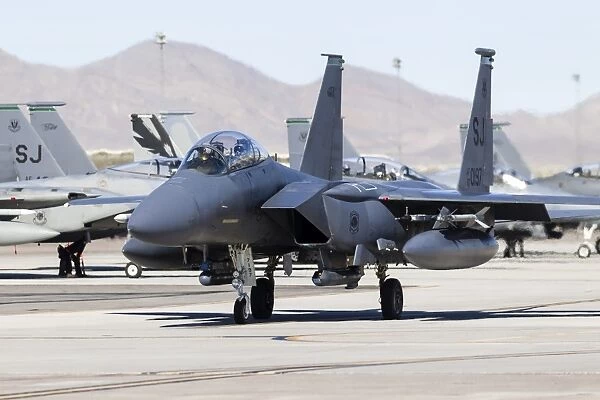 A U. S. Air Force F-15E Strike Eagle taxis for takeoff