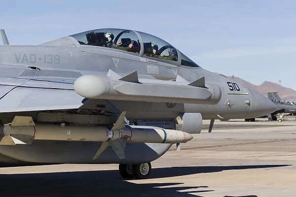 A U. S. Navy E  /  A-18G Growler taxies out for takeoff at Nellis Air Force Base, Nevada