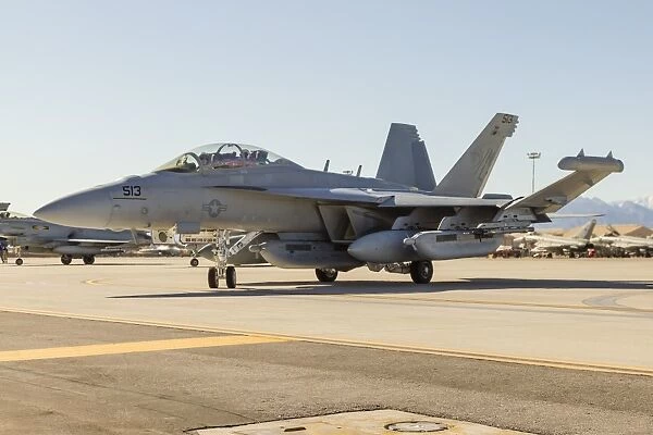 A U. S. Navy E  /  A-18G Growler taxies for takeoff at Nellis Air Force Base, Nevada