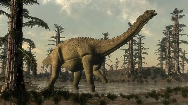 Uberabatitan dinosaur walking in a prehistoric lake