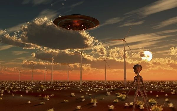 A UFO and alien on a desert wind farm