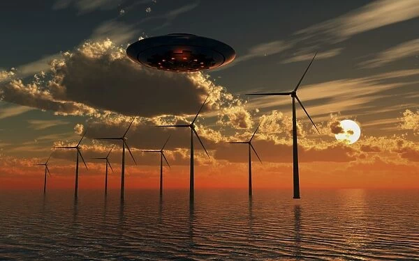 A UFO flying above an ocean wind farm at sunset