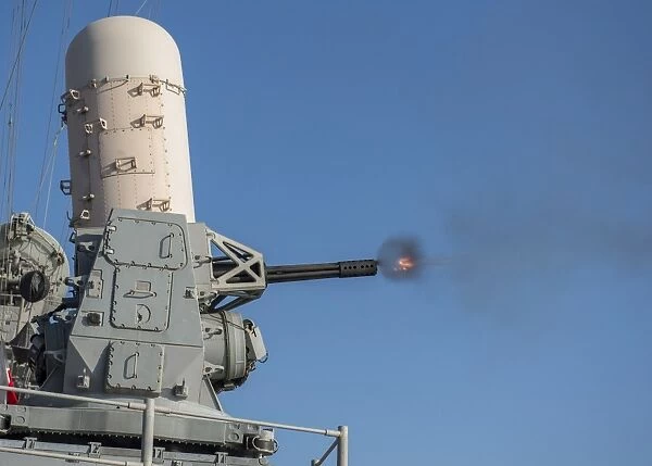 USS San Jacinto fires a close-in weapons system during a live-fire exercise