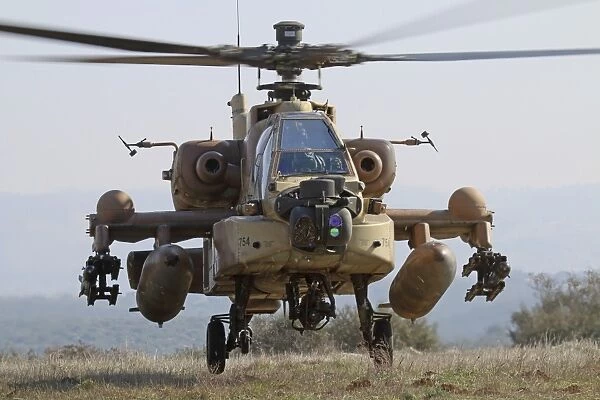 Front view of an AH-64D Saraf helicopter of the Israeli Air Force