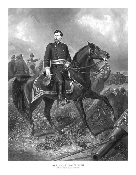 Vintage Civil War print of Union General George McClellan on horseback