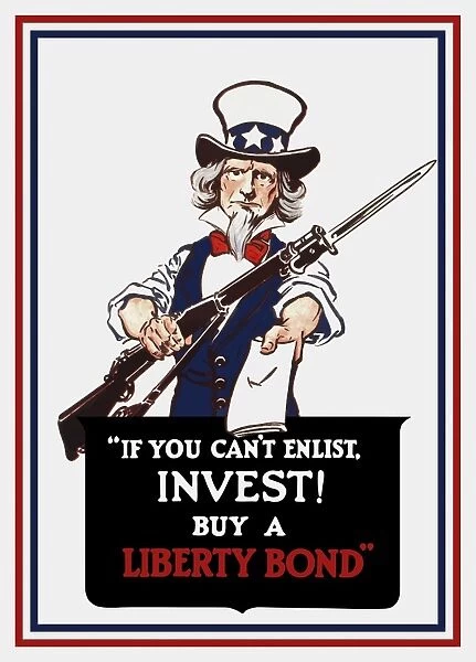 Vintage poster of Uncle Sam holding a rifle and holding out a liberty bond
