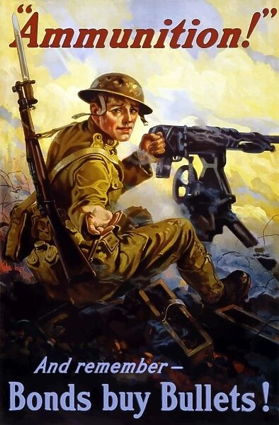 Vintage World War I poster of a U. S. soldier firing a machine gun on a battlefield