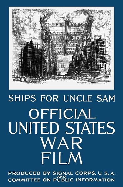 Vintage World War I propaganda poster featuring a navy shipyard
