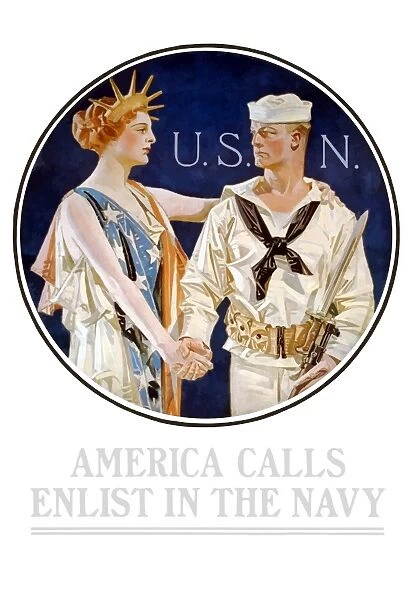 Vintage World War II poster of Liberty shaking hands with a sailor