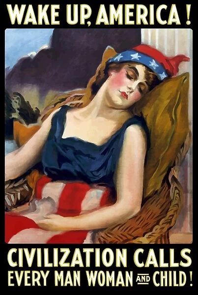 Vintage World War One poster of Lady Liberty sleeping in a chair