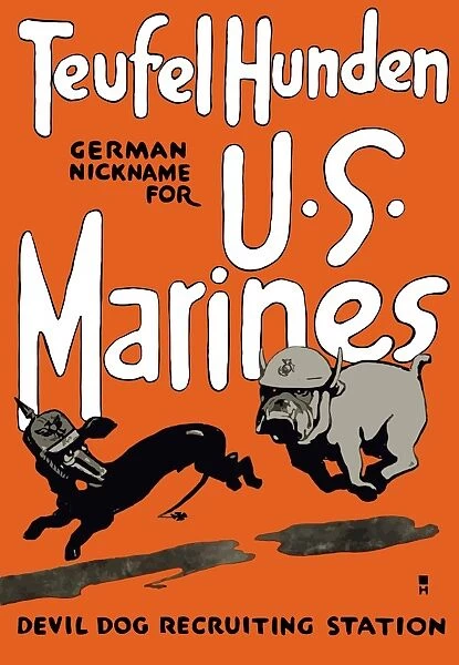 Vintage World War One poster of a Marine Corps bulldog chasing a German dachshund