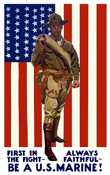 Vintage World War One poster of a US Marine holding his sidearm
