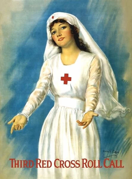 Vintage World War One poster of a Red Cross nurse holding open her arms