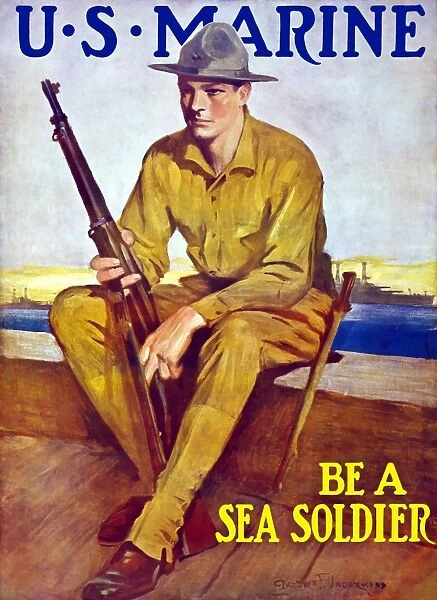 Vintage World War One poster of a U. S. Marine sitting near the harbor