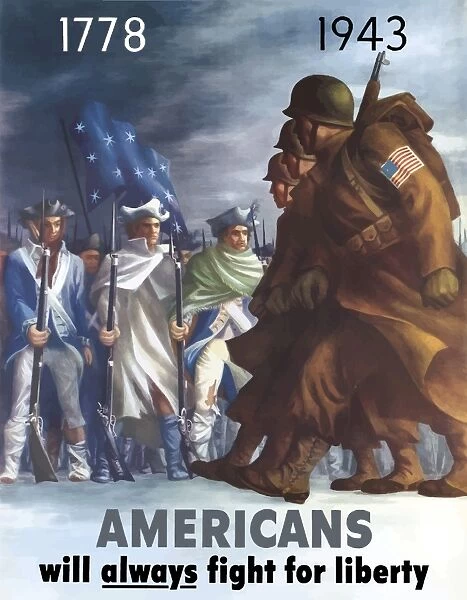 War poster of American Infantryman marching past Minutemen