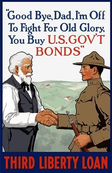 World War I poster of a young soldier holding a rifle while shaking his fathers hand