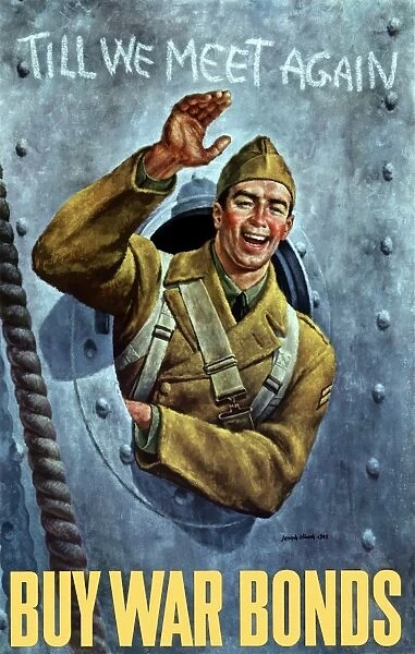 World War II poster of an American soldier waving from the porthole of a ship