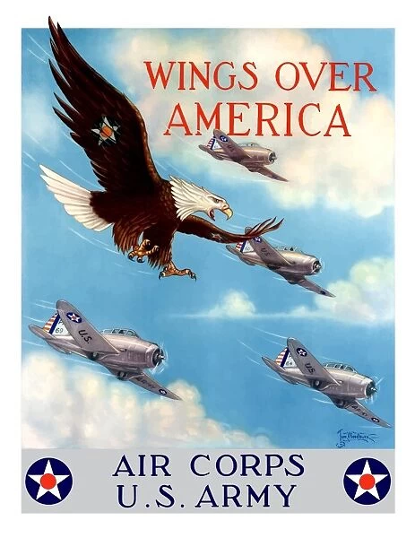 World War II poster of a bald eagle flying in the sky with fighter planes