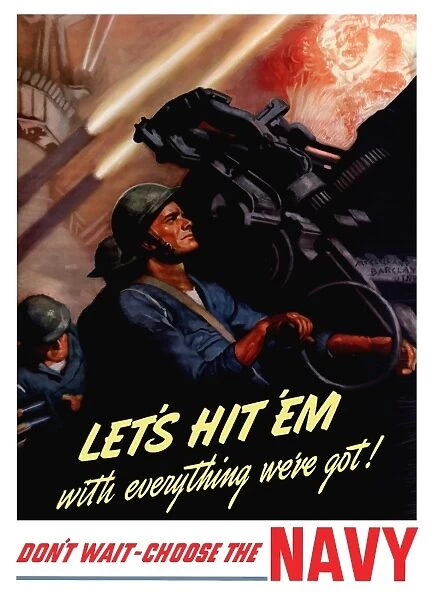 World War II poster of sailors firing anti-aircraft guns