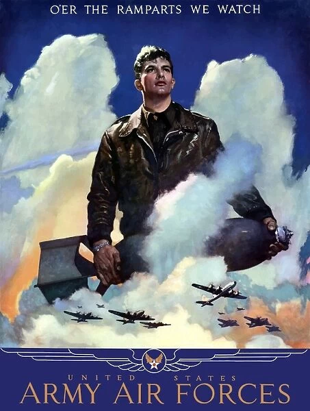 World War Two poster of an American Air Force Pilot staring into the clouds