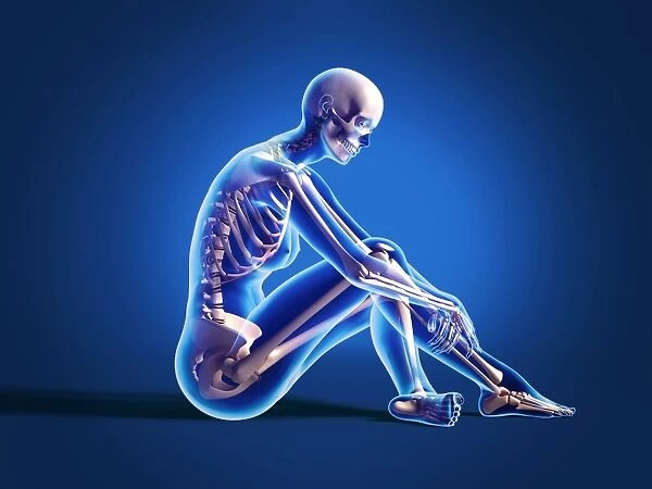 X-ray view of a woman sitting on floor with skeletal bones superimposed