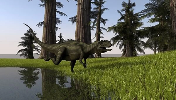 Yangchuanosaurus running through a swamp