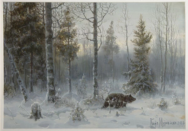 Bear in the winter forest, 1907. Artist: Muravyov, Count Vladimir Leonidovich (1861-1940)