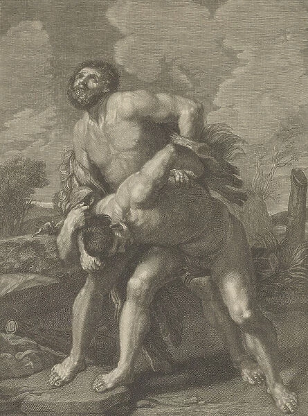 Hercules wearing a lion skin and fighting Achelous, a landscape in the background, ... ca. 1713-72. Creator: Robert Hecquet