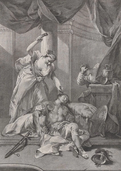 Jael hammering a tent peg into the temple of the sleeping Sisera, to the right a se