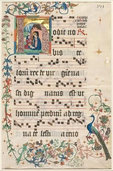 Leaf from an Antiphonary: Initial H with the Nativity (recto), c. 1480. Creator: Unknown