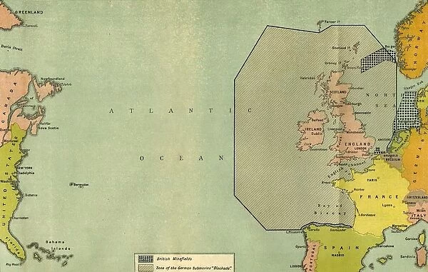 Map To Illustrate the German Submarine Blockade and the British Minefields... 1919
