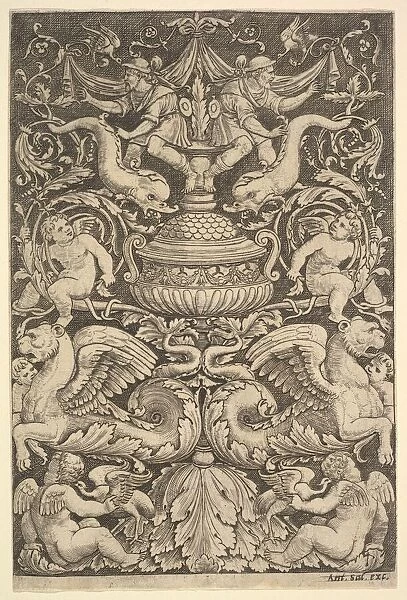 A panel of ornament with a large jar in centre, putti and other figures, 1530-60