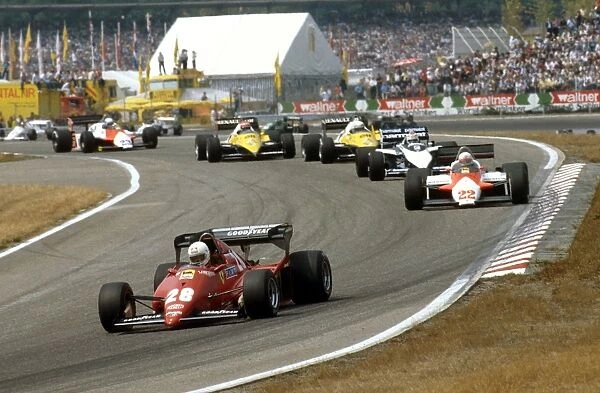 1983 German Grand Prix: Rene Arnoux leads Andrea de Cesaris, Nelson Piquet, Alain Prost and Eddie Cheever into the Sudkurve