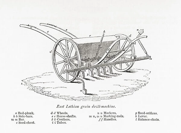 East Lothian grain drill machine. From The Book of the Farm by Scottish farmer and agriculturalist Henry Stephens, 1795 - 1874, first published in the 1840 s. This illustration from a revised 1870s edition