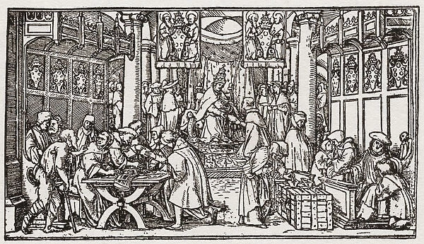 A Sale Of Indulgences During The Tudor Period In England. Indulgences Were Pardons For Sins, Sold By The Catholic Church To Raise Money. From A Contemporary Print