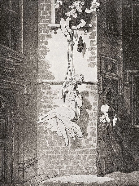 The Secret Guest At The College, After The Painting By Thomas Rowlandson. The Students Raise A Girl By A Rope To Their Rooms. From Illustrierte Sittengeschichte Vom Mittelalter Bis Zur Gegenwart By Eduard Fuchs, Published 1912
