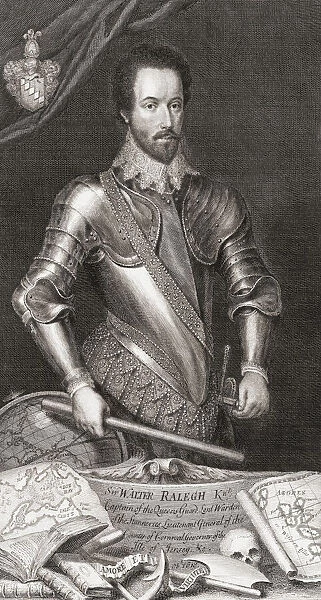 Sir Walter Raleigh, c. 1554 - 1618. English landed gentleman, writer, poet, soldier, politician, courtier, spy and explorer. After an 18th century engraving