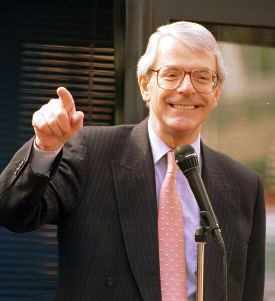 John Major Prime Minister points and laughs during a speech on a visit to Perth