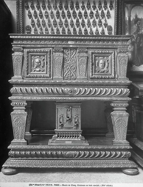 Carved wooden sideboard. Work by cabinet-maker preserved in the Muse de Cluny, Paris