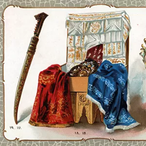 Catalogue illustration, embroidered cloths, sword, vase