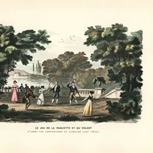 The game of badminton played in a park, 19th century