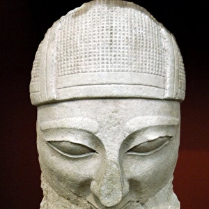 Head from a colossal statue of a bearded worshipper with hel