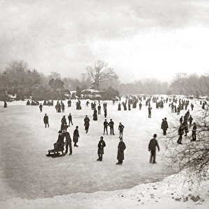 Skating on a frozen lake, England, circa 1880s