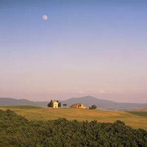 Chapel and moon, near Pienza, Siena Province, Tuscany, Italy, Europe