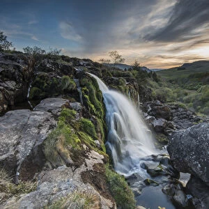 Sunset at the Loup o Fintry waterfall near the village of Fintry, Stirlingshire, Scotland