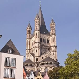 The tower of The Great Saint Martin church and the old town of Cologne
