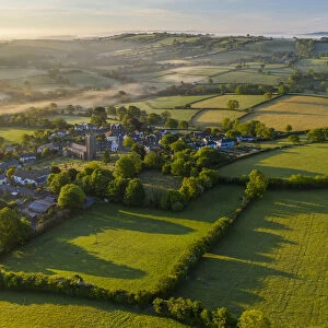 Aerial vista of the Dartmoor village of South Tawton at dawn, Devon, England